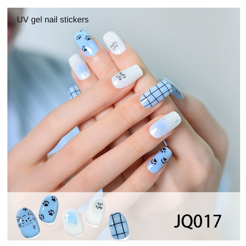 Xiantai UV Gel Nail Art Patches Semi-Cured Light Therapy Nail Stickers Waterproof 16 Finger Half Cured Nail Full Cover Wholesale