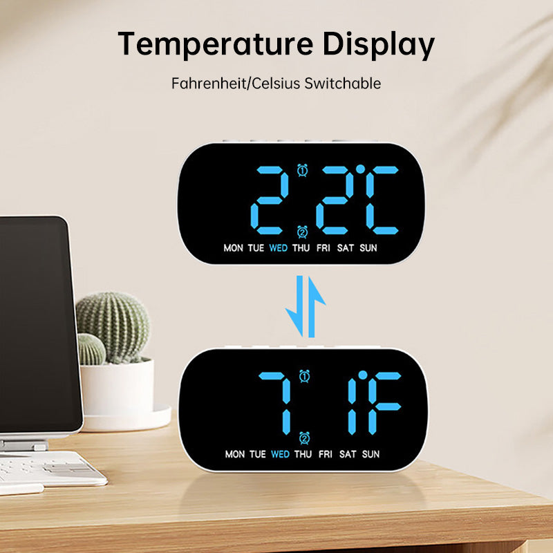 USB Digital Alarm Clock (LED, temp/date/week, dual alarm, snooze, 5-level brightness, 12/24H, night mode)