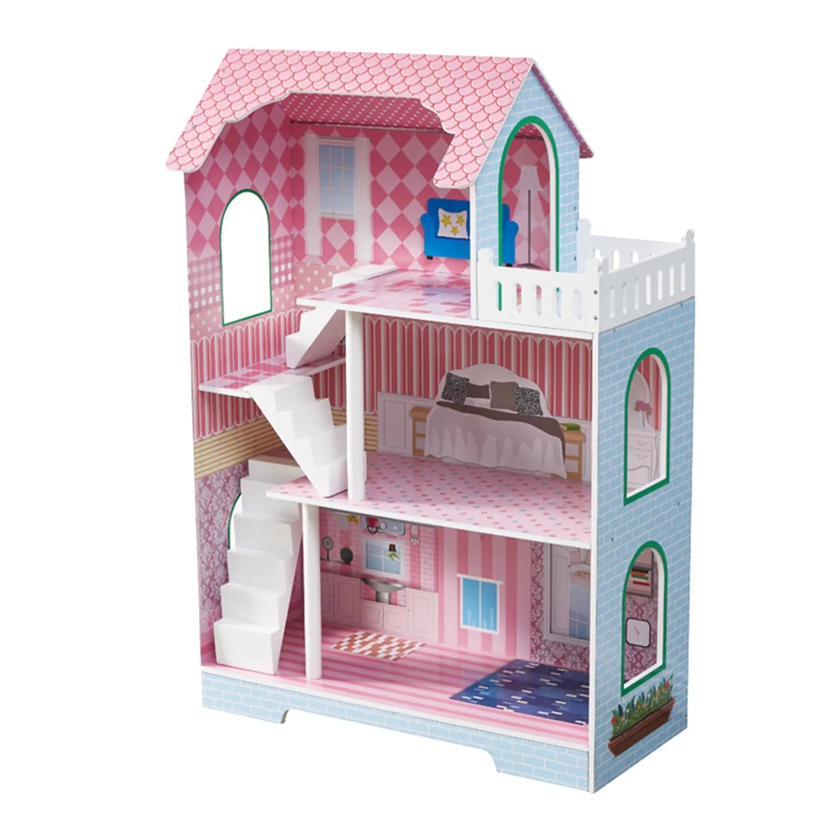 3 Tier Kids Dollhouse with Roof Window and Furniture Wooden Mini Doll House Playhouse for 3 Years Old and  Wooden Dollhouse