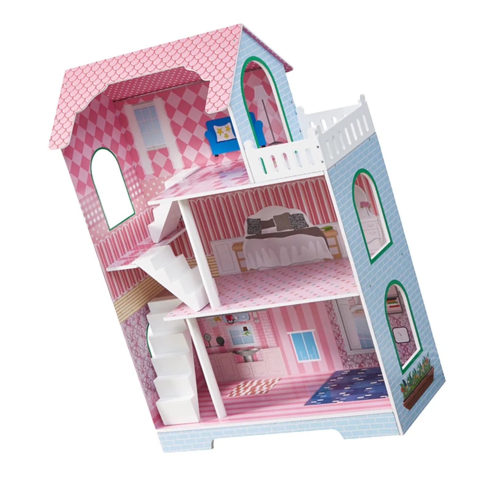3 Tier Kids Dollhouse with Roof Window and Furniture Wooden Mini Doll House Playhouse for 3 Years Old and  Wooden Dollhouse