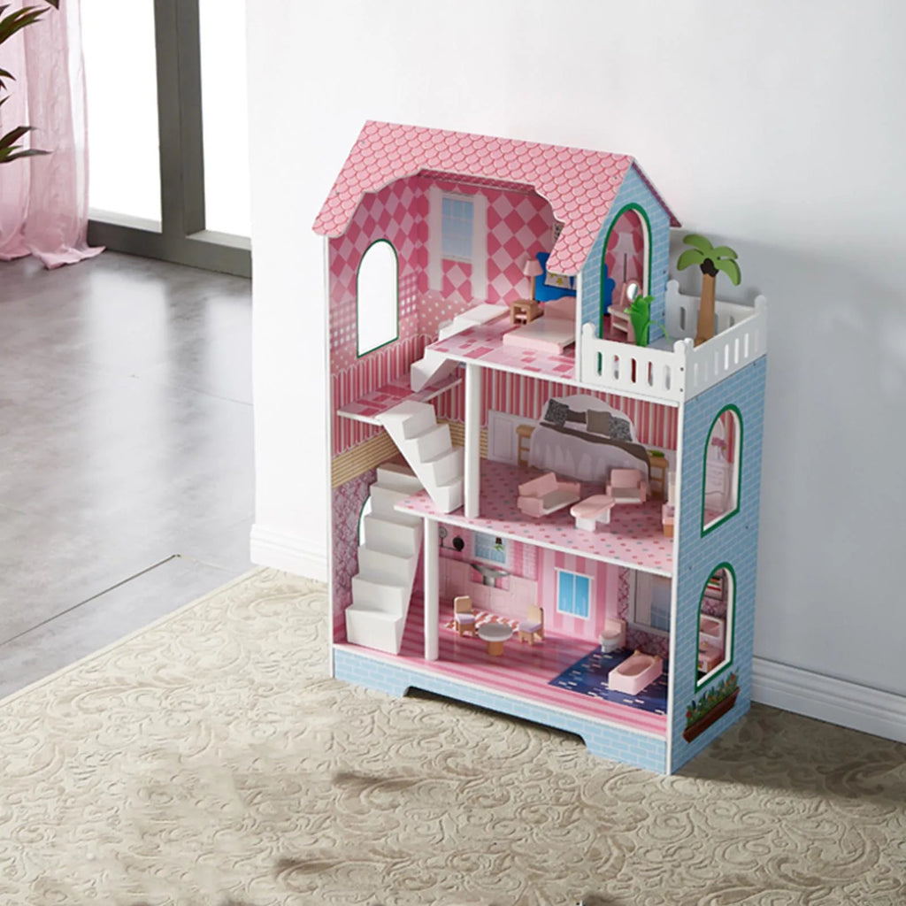 3 Tier Kids Dollhouse with Roof Window and Furniture Wooden Mini Doll House Playhouse for 3 Years Old and  Wooden Dollhouse