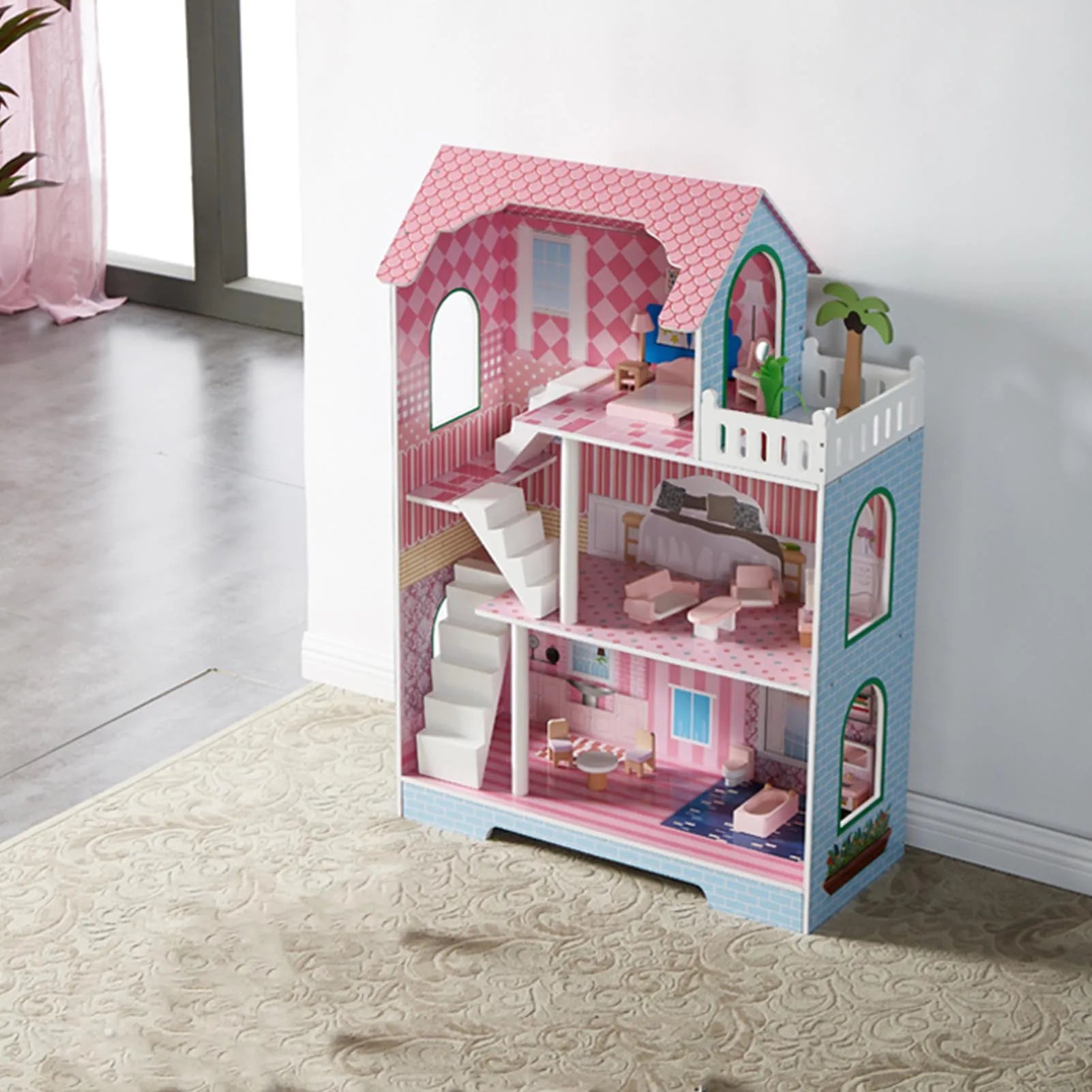 3 Tier Kids Dollhouse with Roof Window and Furniture Wooden Mini Doll House Playhouse for 3 Years Old and  Wooden Dollhouse