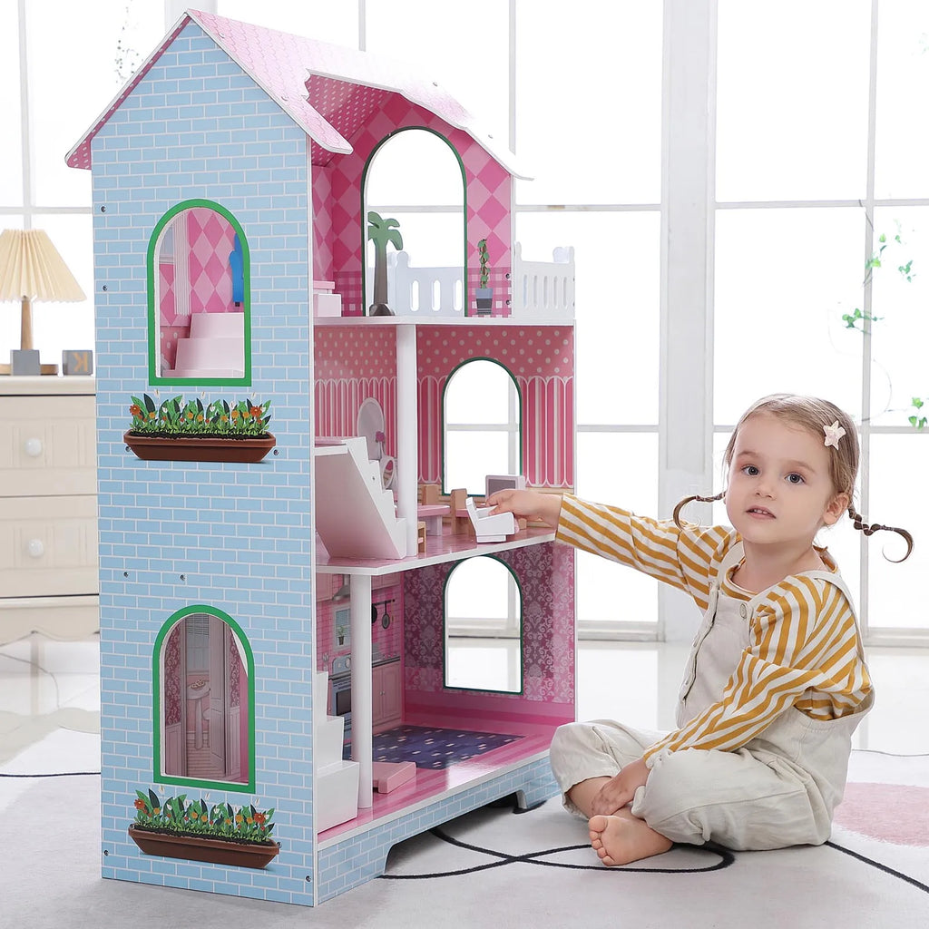 3 Tier Kids Dollhouse with Roof Window and Furniture Wooden Mini Doll House Playhouse for 3 Years Old and  Wooden Dollhouse