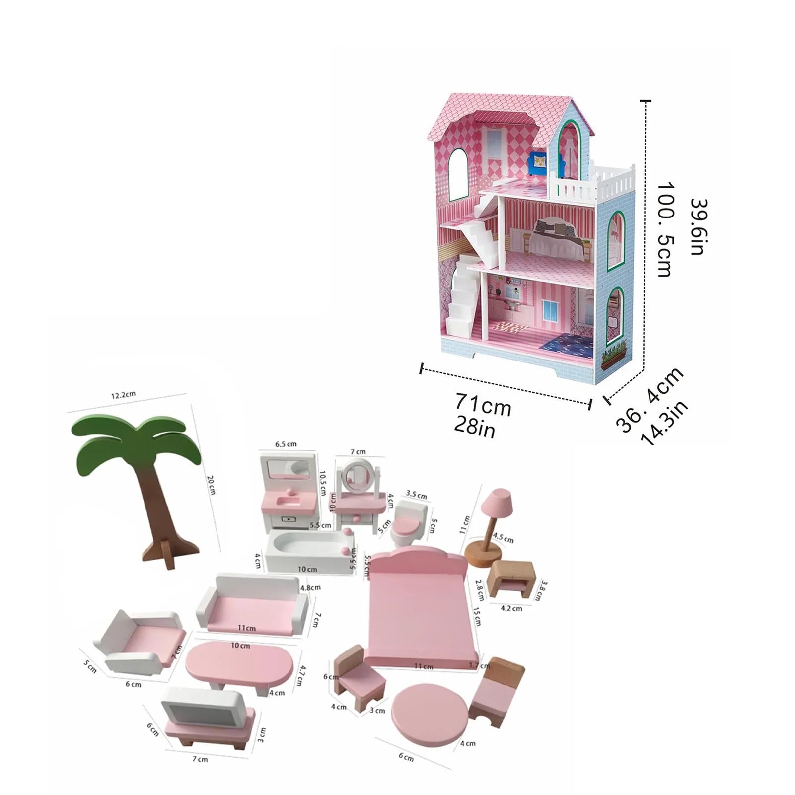 3 Tier Kids Dollhouse with Roof Window and Furniture Wooden Mini Doll House Playhouse for 3 Years Old and  Wooden Dollhouse