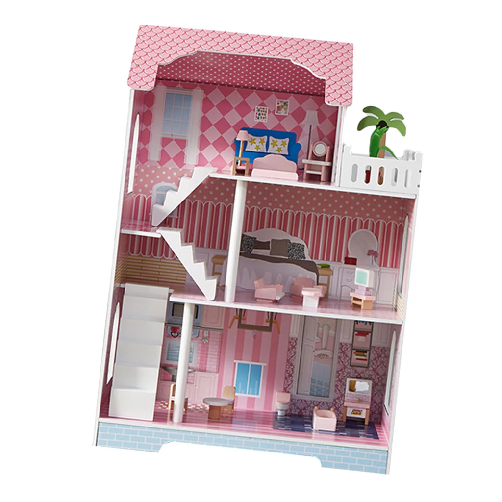 3 Tier Kids Dollhouse with Roof Window and Furniture Wooden Mini Doll House Playhouse for 3 Years Old and  Wooden Dollhouse